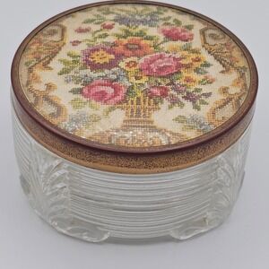 Vintage Glass Vanity Powder Jar Floral Lid Brass Rim Trinket Cottage Shabby Chic
